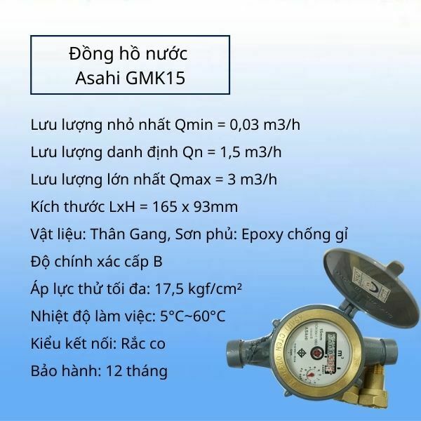 thông số kỹ thuật đồng hồ nước asahi GMK15